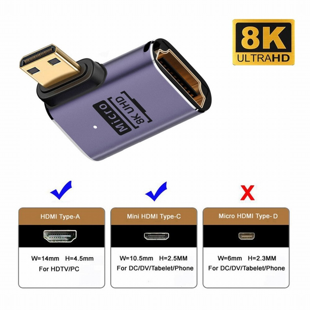 Chenyang Right Angled Mini HDMI Male to HDMI 2.1 Female UHD Extension Gold Converter Adapter Support 8K 60hz HDTV HD-038-C8K02