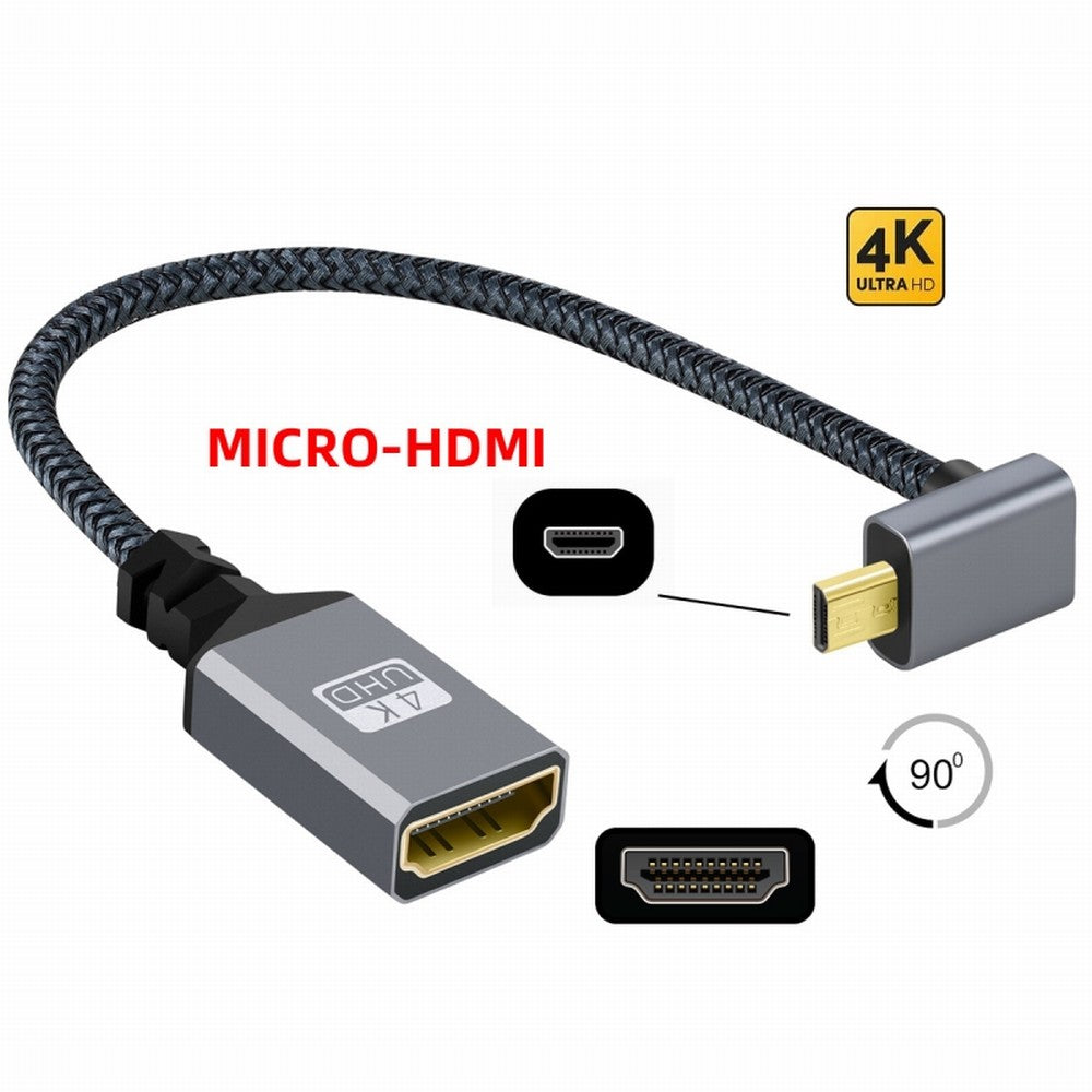 Chenyang 4K Type-D Micro HDMI 1.4 Male 90 Degree Up Angled to HDMI Female Extension Cable for DV MP4 Camera DC Laptop HD-012-UP