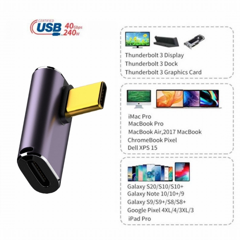 Chenyang USB4 Type C Male to Female 240W Power 40Gbps Data 8K Video Adapter Low Profile Left Right Angled for NS Phone Laptop UC-025-LP