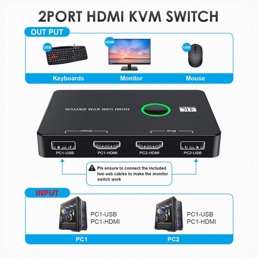 Chenyang KVM USB 2.0 & HDMI 4K Switch Selector Dual PCs Sharing Monitor HDTV USB Port Keyboard Mouse Scanner Printer HD-005