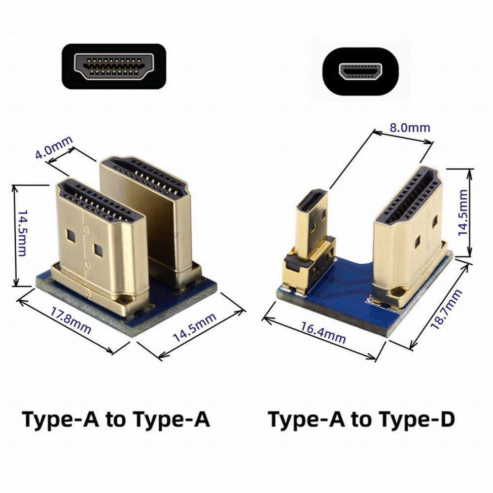 Chenyang 2pcs/set HDMI to Micro HDMI Type A to Type-D Male Connector Socket for Raspberry PI 3B/3B+/4B Opposite U Shape Back Angled CN-006