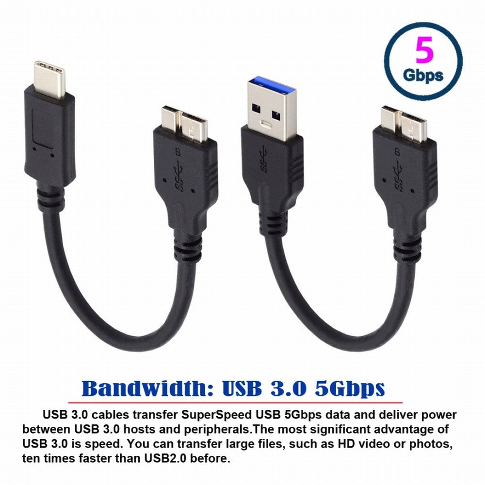 Chenyang 2pcs/set USB 3.1 USB-C Type-C to Micro 3.0 and USB 3.0 Type-A Male to Micro 3.0 B Male Disk SSD Data Cable 15cm UC-140