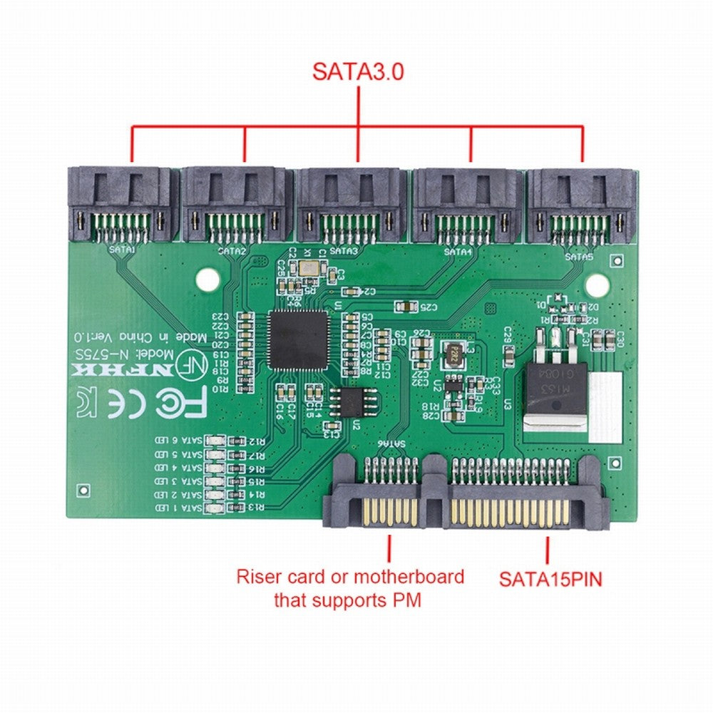 Chenyang SATA 3.0 6Gbps 1 to 5 Splitter Ports HUB Adapter Converter PM Multiplier Port Selector JMB575 SA-054