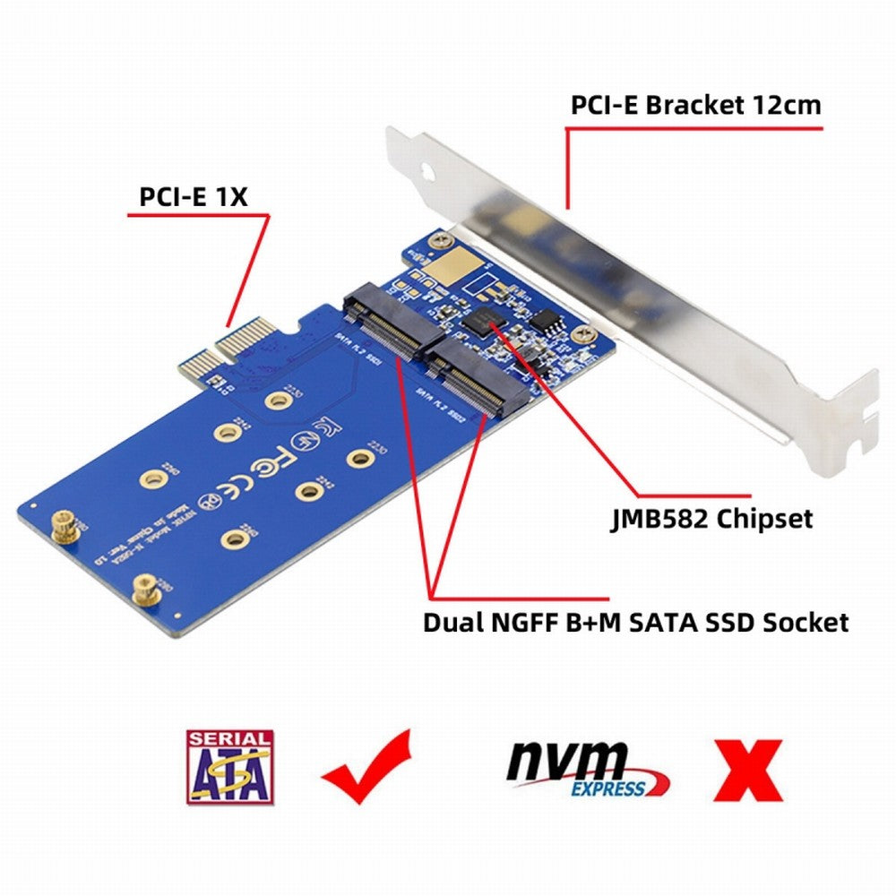 Chenyang Dual SATA NGFF Key B+M SSD to PCI-E 1x Motherboard Desktop Adapter Converter SSD Card JMB582 2280 SA-053