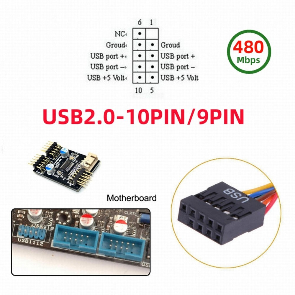 Chenyang USB 2.0 Type-A Male 1 to 2 Female Motherboard 9pin Header Extension HUB Connector Adapter Port Multilier U2-066