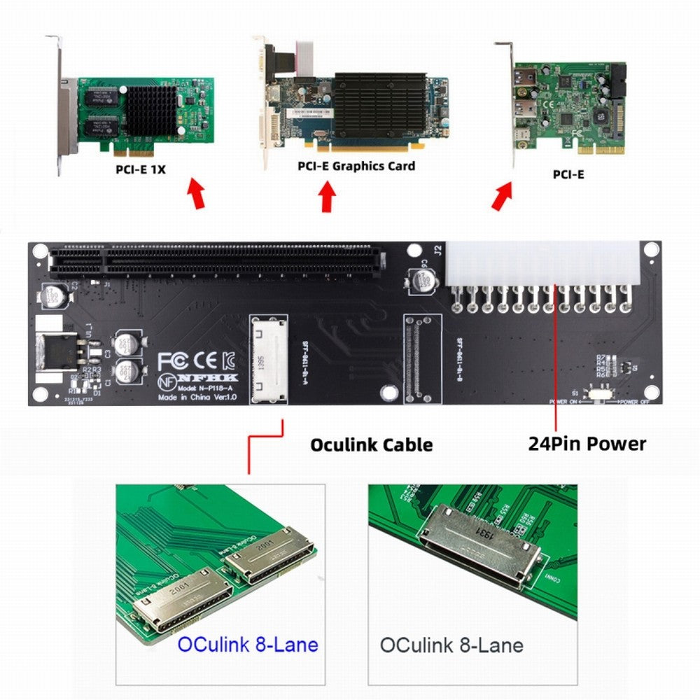 Chenyang 8x Oculink SFF-8612 8611 to PCIE PCI-Express 16x Adapter with ATX 24pin Power Port for Mainboard Graphics Card SF-066