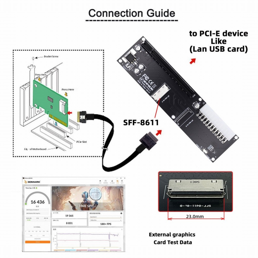 Chenyang 8x Oculink SFF-8612 8611 to PCIE PCI-Express 16x Adapter with ATX 24pin Power Port for Mainboard Graphics Card SF-066