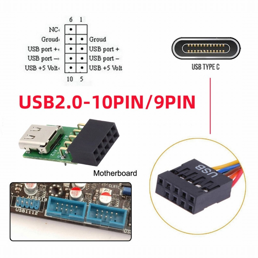 Chenyang Single Port USB 3.1 Type C USB-C Female to USB 2.0 Motherboard 9pin 10pin Header Adapter PCBA 480Mbps UC-141-TC001