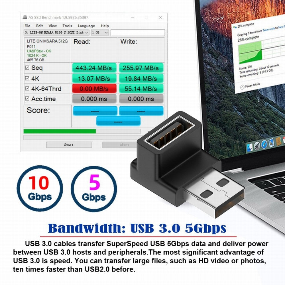 Chenyang 10Gbps USB3.0 Male to Female Extension Power Data Video Adapter 90 Degree Down Angled Type U3-018-DN