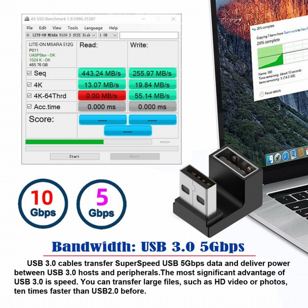 Chenyang 10Gbps USB3.0 Male to Female Extension Power Data Video Adapter 360 Degree Up Opposite U Shape Back Angled U3-018-OU