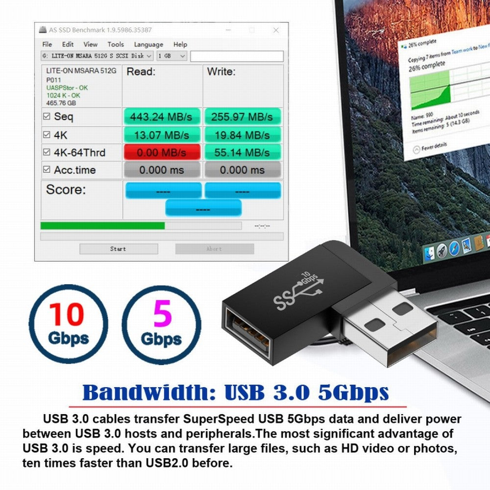 Chenyang 10Gbps USB3.0 Male to Female Extension Power Data Video Adapter 90 Degree Left Angled Type U3-018-LF