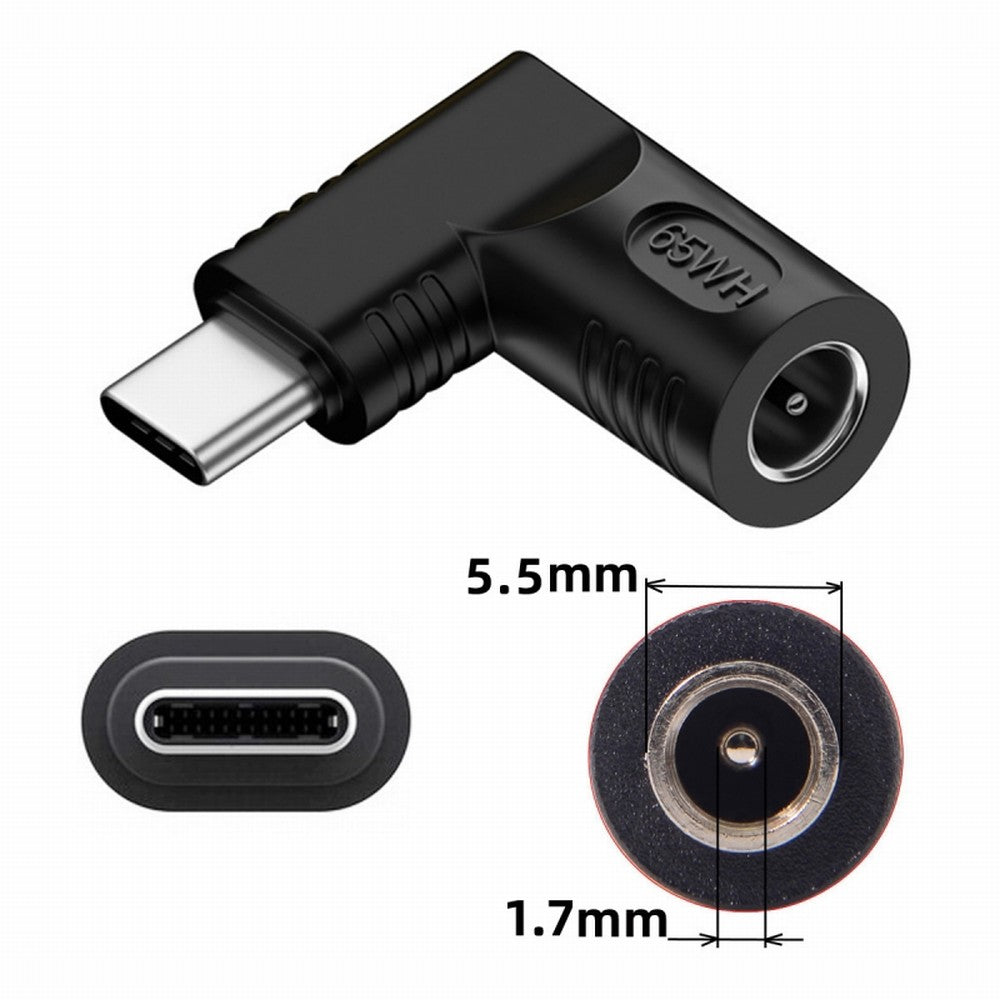 Chenyang DC Jack 5.5x1.7mm Input to USB-C Type-C Angled 90 Degree Power Plug Charge Adapter for Laptop Phone UC-211-RI-5517MM