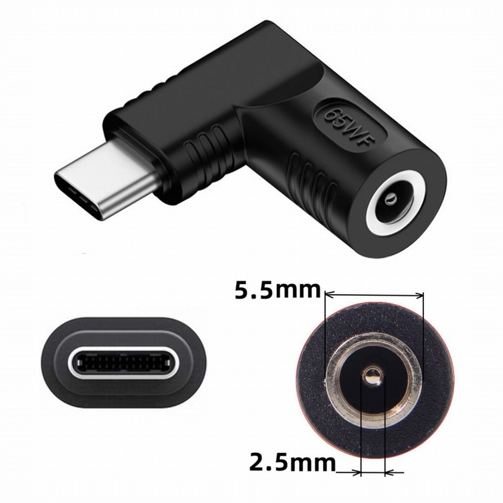 Chenyang DC Jack 5.5x2.5mm Input to USB-C Type-C Angled 90 Degree Power Plug Charge Adapter for Laptop Phone UC-211-RI-5525MM