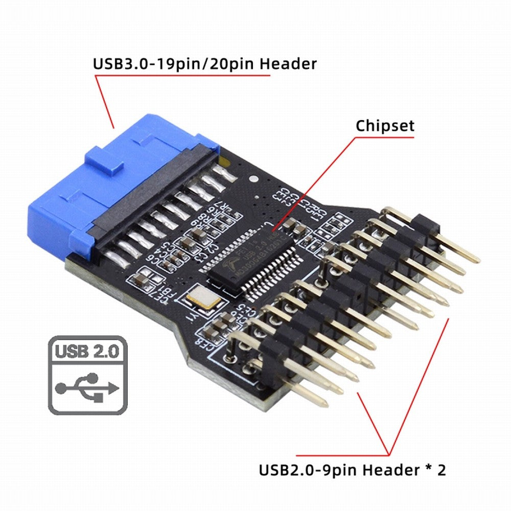 Chenyang Motherboard 19pin USB 3.0 Header 1 to 2 USB2.0 9Pin Female Extension HUB Connector Adapter Port Multilier U3-022