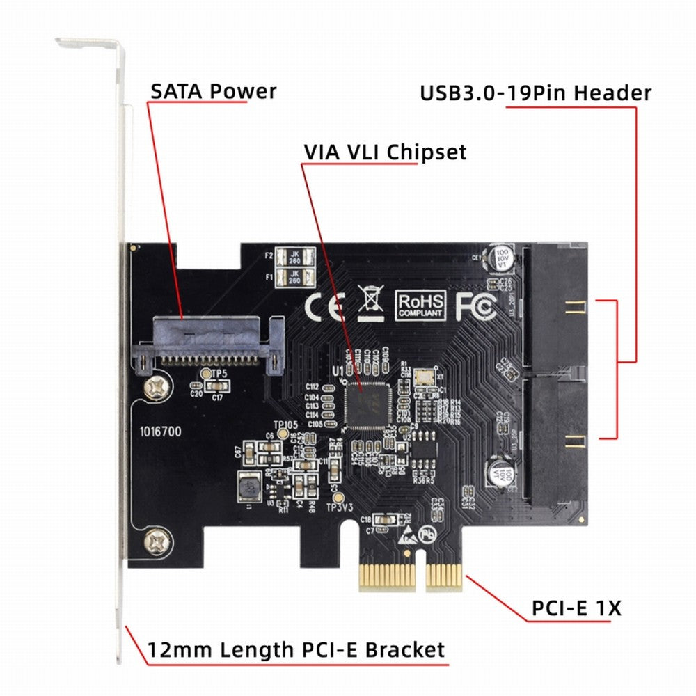 Chenyang 5Gbps 19Pin 20Pin USB 3.0 Front Panel Header to PCI-E 1X Express Card VL805 Adapter for Desktop Computer Motherboard U3-048