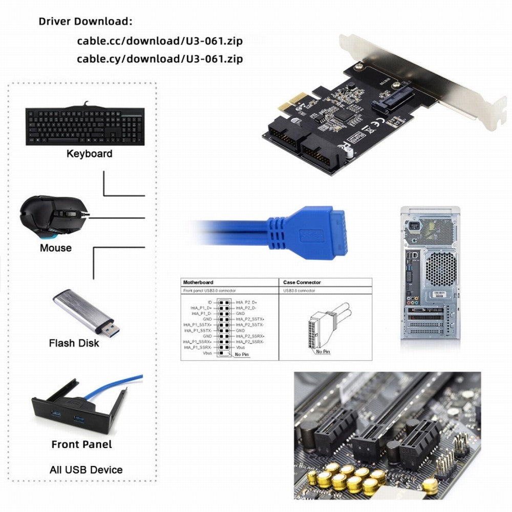 Chenyang 5Gbps 19Pin 20Pin USB 3.0 Front Panel Header to PCI-E 1X Express Card VL805 Adapter for Desktop Computer Motherboard U3-048