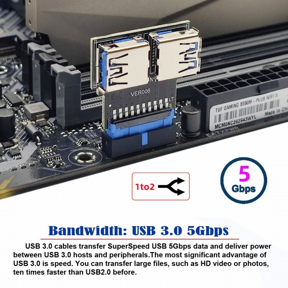 Chenyang Dual USB 3.0 A Type Female to Motherboard 20/19 Pin Box Header Slot Adapter 5Gbps Horizontal Type PCBA U3-079-RI