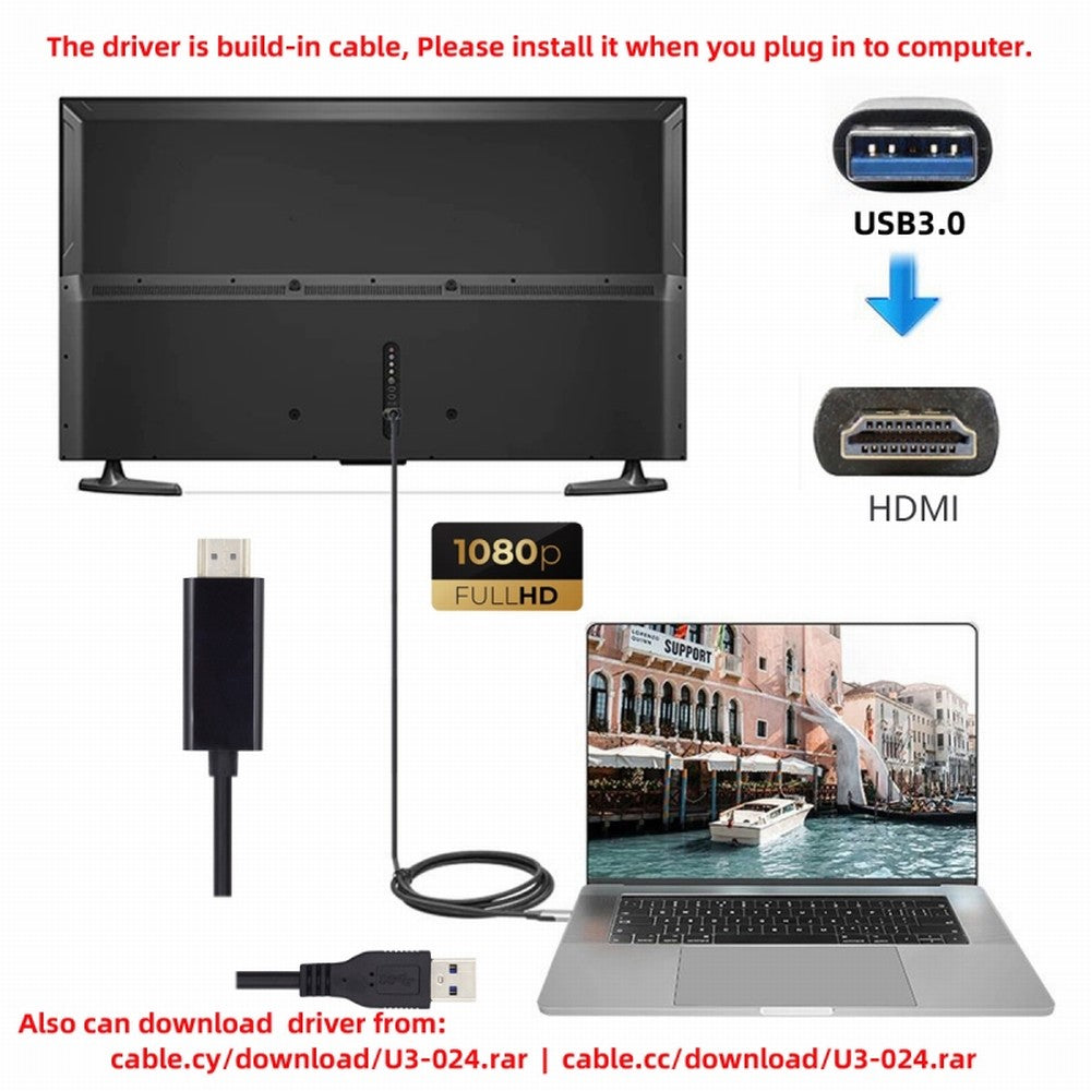 Chenyang USB3.0 Male to HDMI Male Cable USB 3.0 Source HDMI Sink Converter For Desktop Laptop PC Adapter 1.8m 1080P Projector Video Monitor Cable U3-024