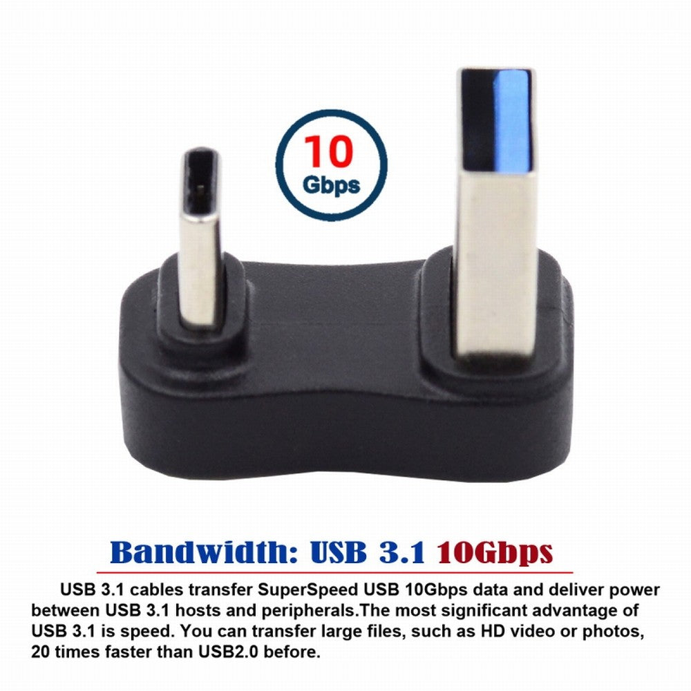 Chenyang USB3.0 Type A Male to USB 3.1 Type C Male Data 10Gbps Up Opposite U Shape Back Angled Charge Adapter 90 Degree for Laptop Phone UC-070-TC007