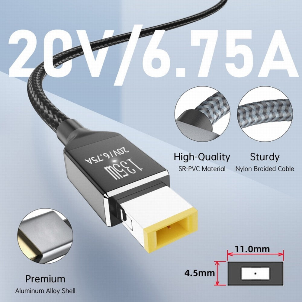 Chenyang Type-C USB-C 135W to DC Rectangle 11.0*4.5mm Power PD Charge Cable for Thinkpad X1 Legion Y7000P Laptop DC20V 6.25A UC-106-DC135W