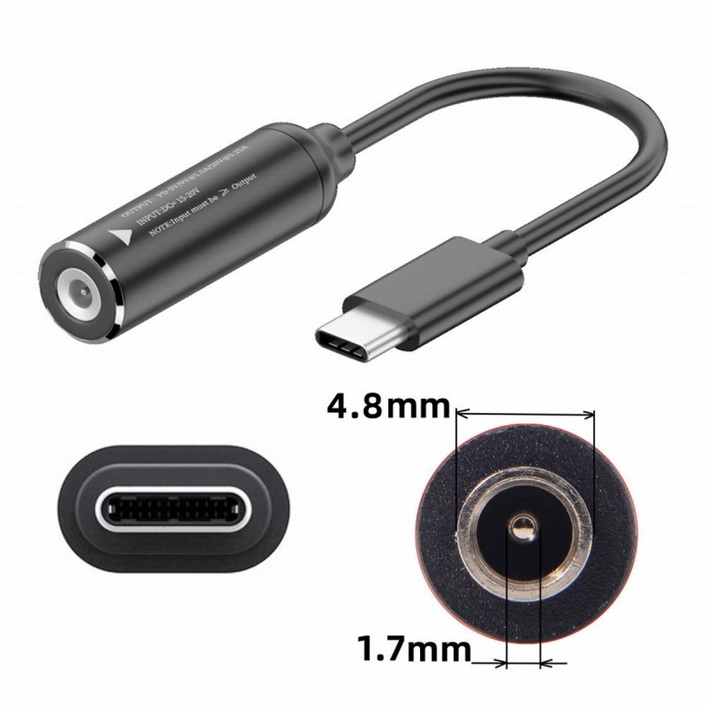 Chenyang DC Jack 4.8x1.7mm Input to USB-C Type-C Power Plug Charge Cable for Laptop Phone PD9V 5V 20V UC-149-4817MM