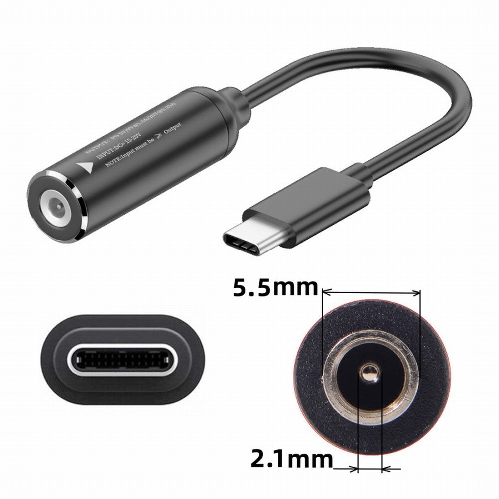 Chenyang DC Jack 5.5x2.1mm Input to USB-C Type-C Power Plug Charge Cable for Laptop Phone PD9V 5V 20V UC-149-5521MM