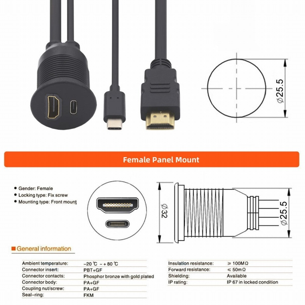 Chenyang Waterproof Dustproof USB-C Type-C USB &HDMI 4K Extension Flush Car Latch Mount Extension Cable for Dashboard Panel HD-022-1.0M