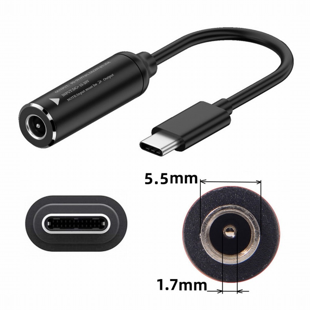 Chenyang DC Jack 5.5x1.7mm Input to USB-C Type-C Power Plug Charge Cable for Laptop Phone PD9V 5V 20V UC-149-5517MM