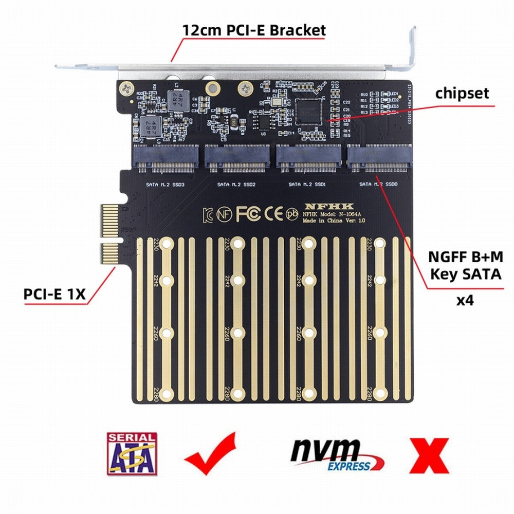 Chenyang Four SATA NGFF Key B+M SSD to PCI-E 1x Mainboard Desktop Adapter Converter SSD Card ASM1064 2280 SA-061