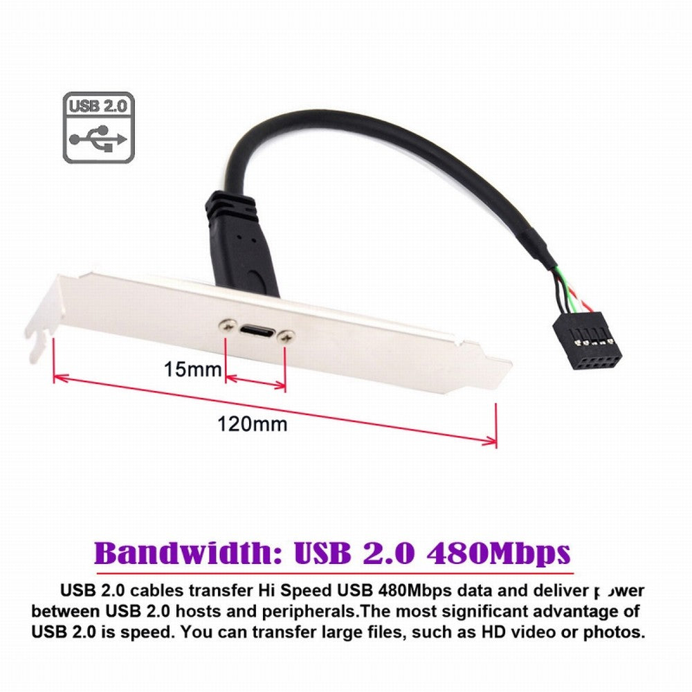 Chenyang Single Port USB 3.1 Type C USB-C Female to USB 2.0 Motherboard 9pin 10pin Header Cable 20cm with Bracket UC-138