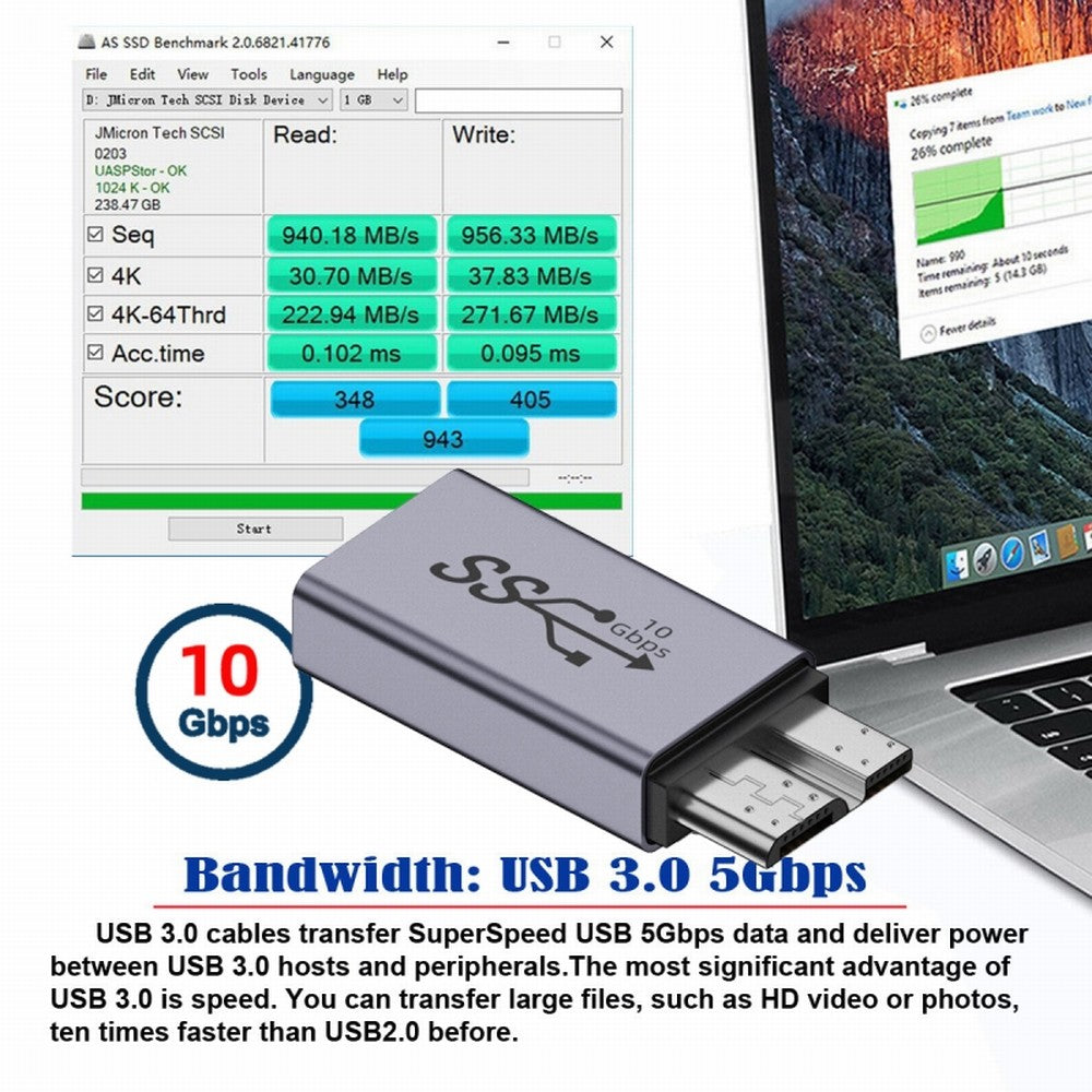 Chenyang USB-C USB 3.1 Type A Female to Micro USB 3.0 Male Data Adapter 10Gbps Data Power for Laptop SSD Disk UC-082-MMAF