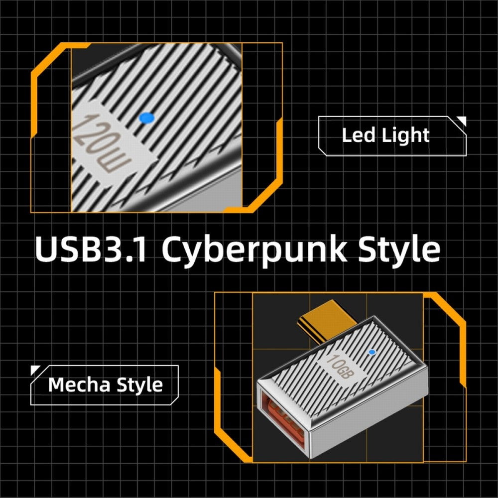 Chenyang USB-C USB 3.1 Type C Male to USB 3.0 A Female 10Gbps OTG Data 120W Power Left Right Angled Adapter Alloy Shell Mecha Cyberpunk Style UC-017-RI