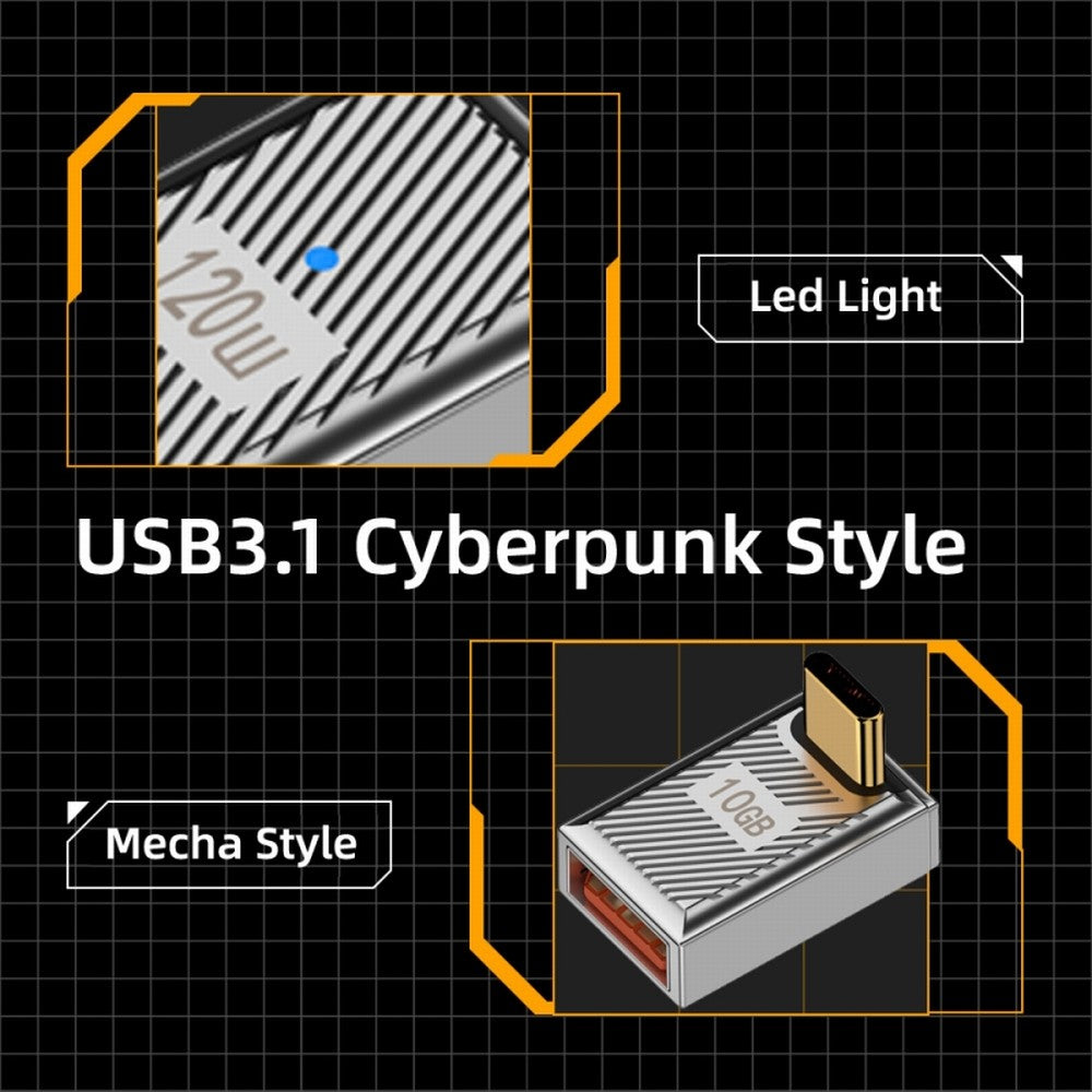 Chenyang USB-C USB 3.1 Type C Male to USB 3.0 A Female 10Gbps OTG Data 120W Power Up Down Angled Adapter Alloy Shell Mecha Cyberpunk Style UC-017-UP