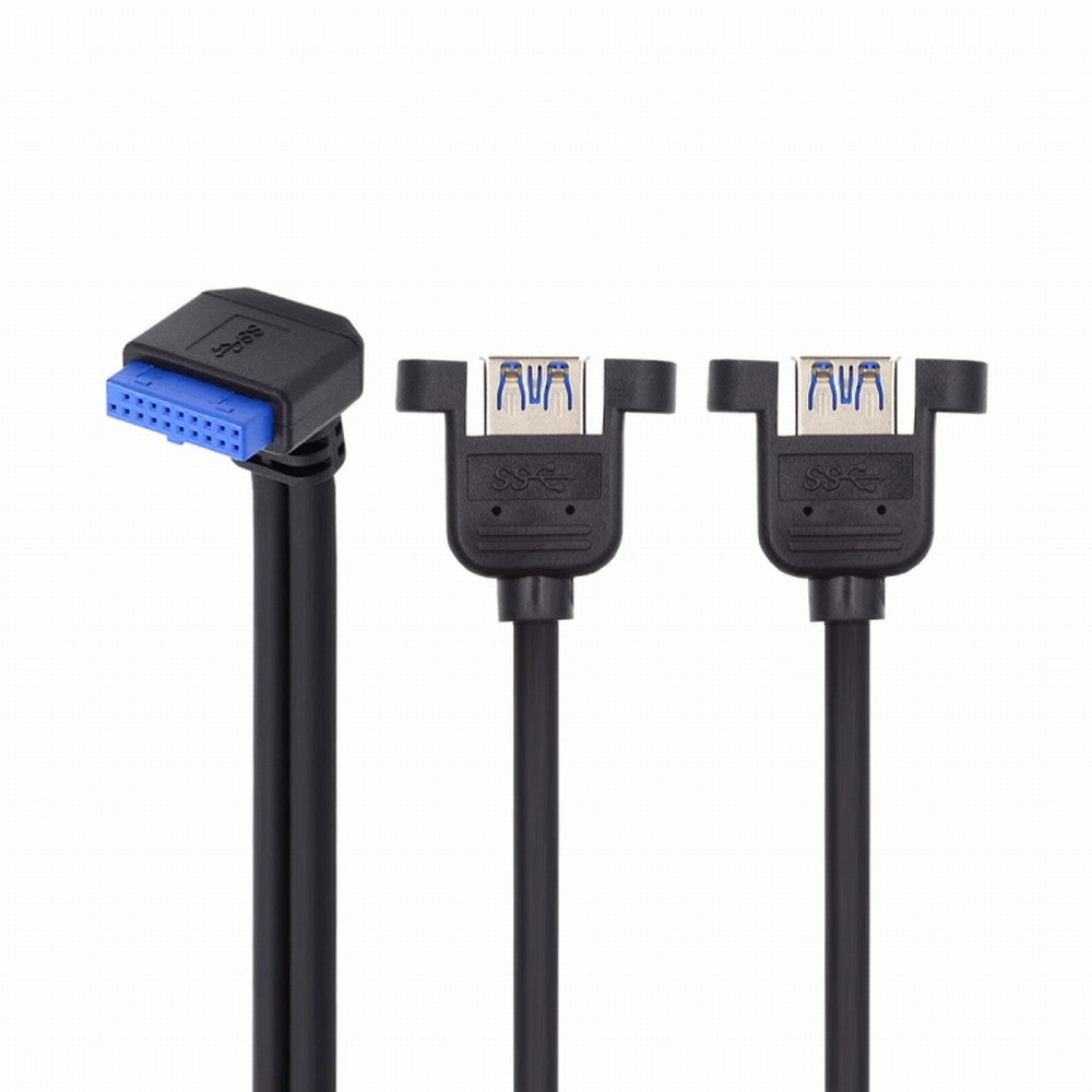 Chenyang Down Angled 19/20Pin Header to USB 3.0 Dual Ports Female Screw Mount Type Cable 90 Degree 5Gbps U3-088-DN