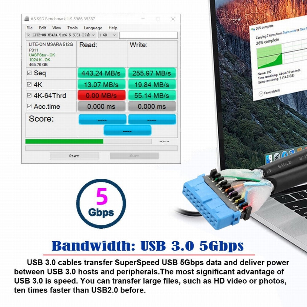 Chenyang Down Angled 19/20Pin Header to USB 3.0 Dual Ports Female Screw Mount Type Cable 90 Degree 5Gbps U3-088-DN