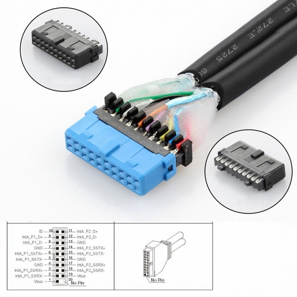 Chenyang Down Angled 19/20Pin Header to USB 3.0 Dual Ports Female Screw Mount Type Cable 90 Degree 5Gbps U3-088-DN