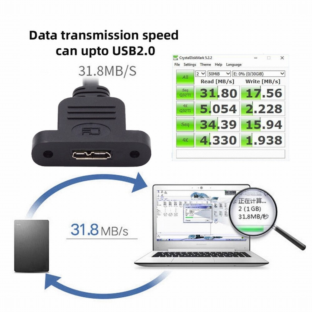 Chenyang Micro USB 2.0 5Pin Male to Micro 3.0 Type-B Female Screw Mount Type Extension Cable 480Mbps U3-012-MM