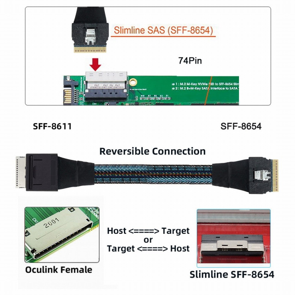 Chenyang Oculink PCIe PCI-Express SFF-8611 8i to SFF-8654 8i 8x Slimline SSD Data Active Cable 50cm SF-076