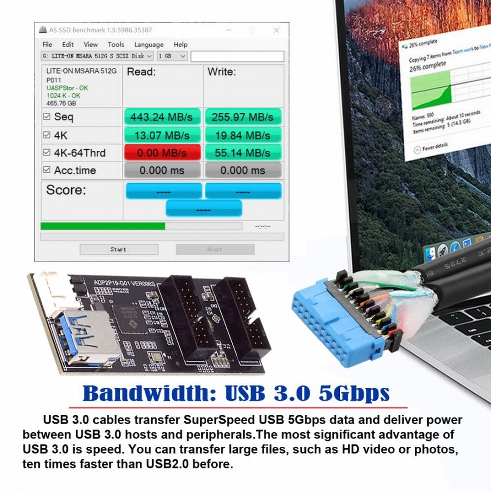 Chenyang Single 19/20Pin Header to USB 3.0 19/20Pin Dual Ports Female PCBA Type Adapter Splitter HUB 5Gbps U3-084-AF