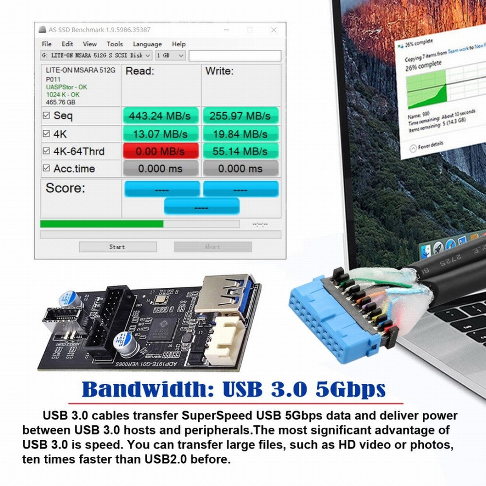 Chenyang Single 19/20Pin Header to USB 3.0 20Pin & Type-E Dual Ports Female PCBA Type Adapter Splitter HUB 5Gbps U3-084-EF