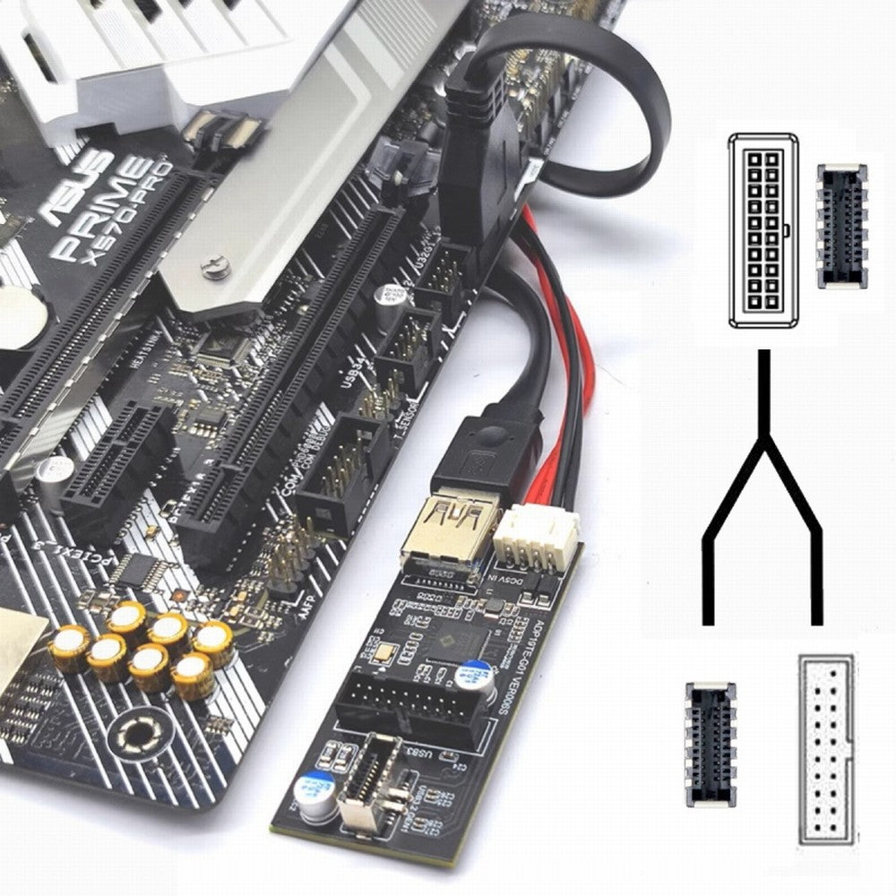 Chenyang Type-E or 19/20Pin Header to USB 3.0 20Pin & Type-E Dual Ports Female PCBA Type Adapter Splitter HUB 5Gbps U3-084-EF+UC-117