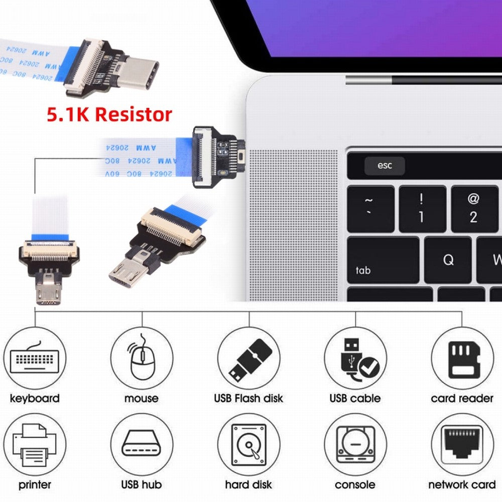 Chenyang OTG USB-C Type-C Male Host to 5Pin Micro USB 2.0 Male Target Data Flat Slim FPC Cable 13cm for FPV Disk Phone Laptop UC-019-MM