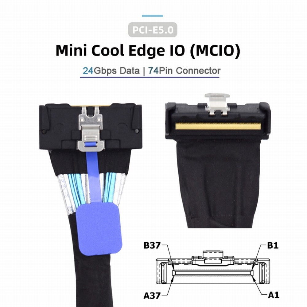 Chenyang PCI-E 5.0 Mini Cool Edge IO MCIO Angled PCI-E 8i 74Pin Male to MCIO 74Pin Male Extender Cable 35cm SF-063-UP