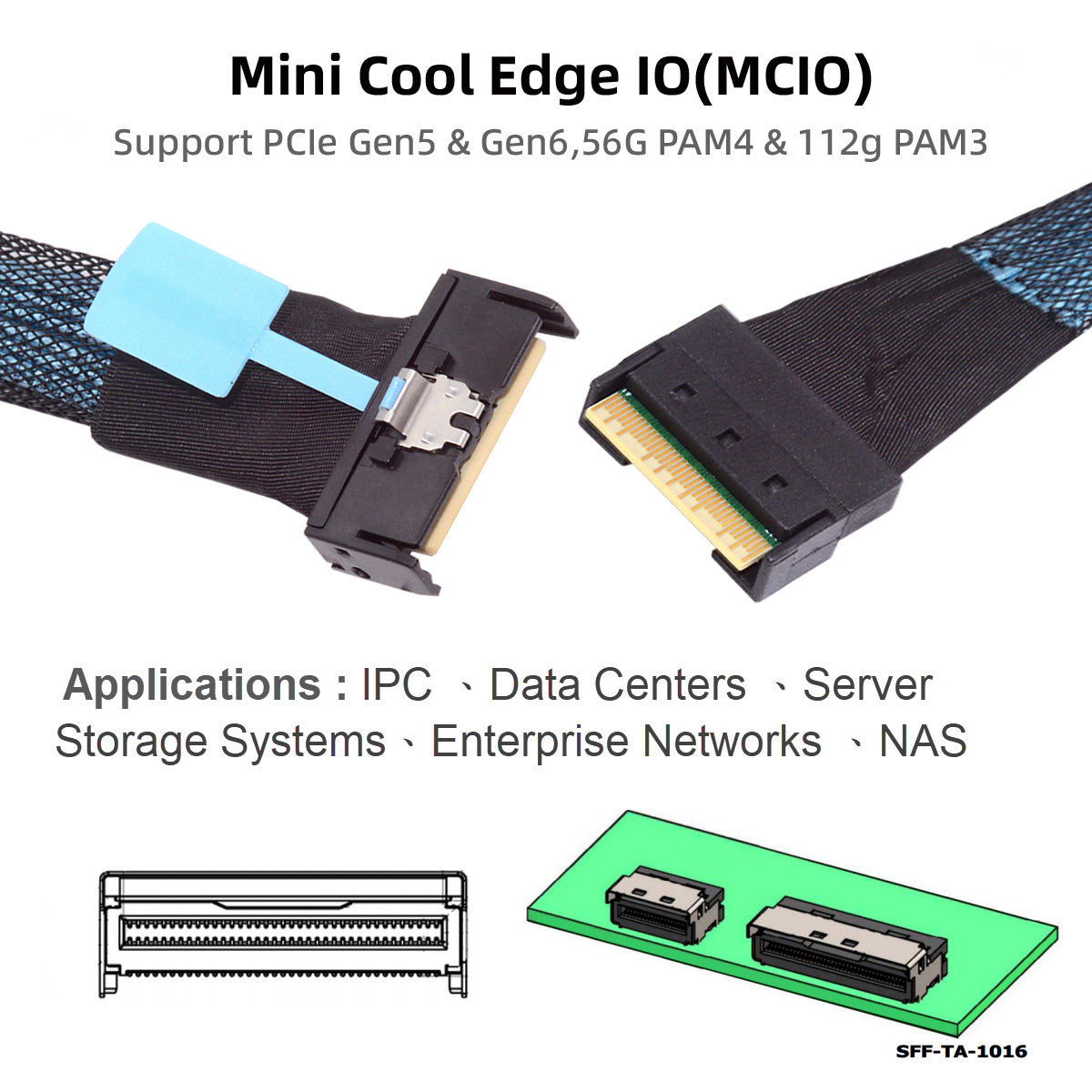 Chenyang PCI-E 5.0 Mini Cool Edge IO MCIO PCI-E 8i 74Pin Male to Slimline SFF-8654 SAS 4.0 74Pin Male Extender Cable 50cm SF-075-BK