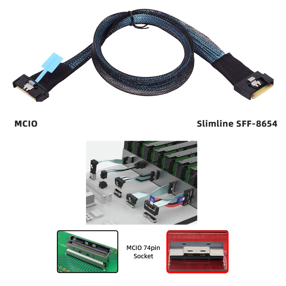 Chenyang PCI-E 5.0 Mini Cool Edge IO MCIO PCI-E 8i 74Pin Male to Slimline SFF-8654 SAS 4.0 74Pin Male Extender Cable 50cm SF-075-BK