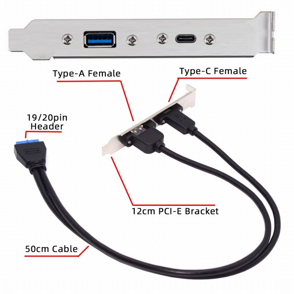 Chenyang USB3.0 Motherboard 19/20Pin to USB-C Type-C & USB 3.0 Dual Ports Female PCI-E Back Panel 5Gbps Cable UC-020-AC