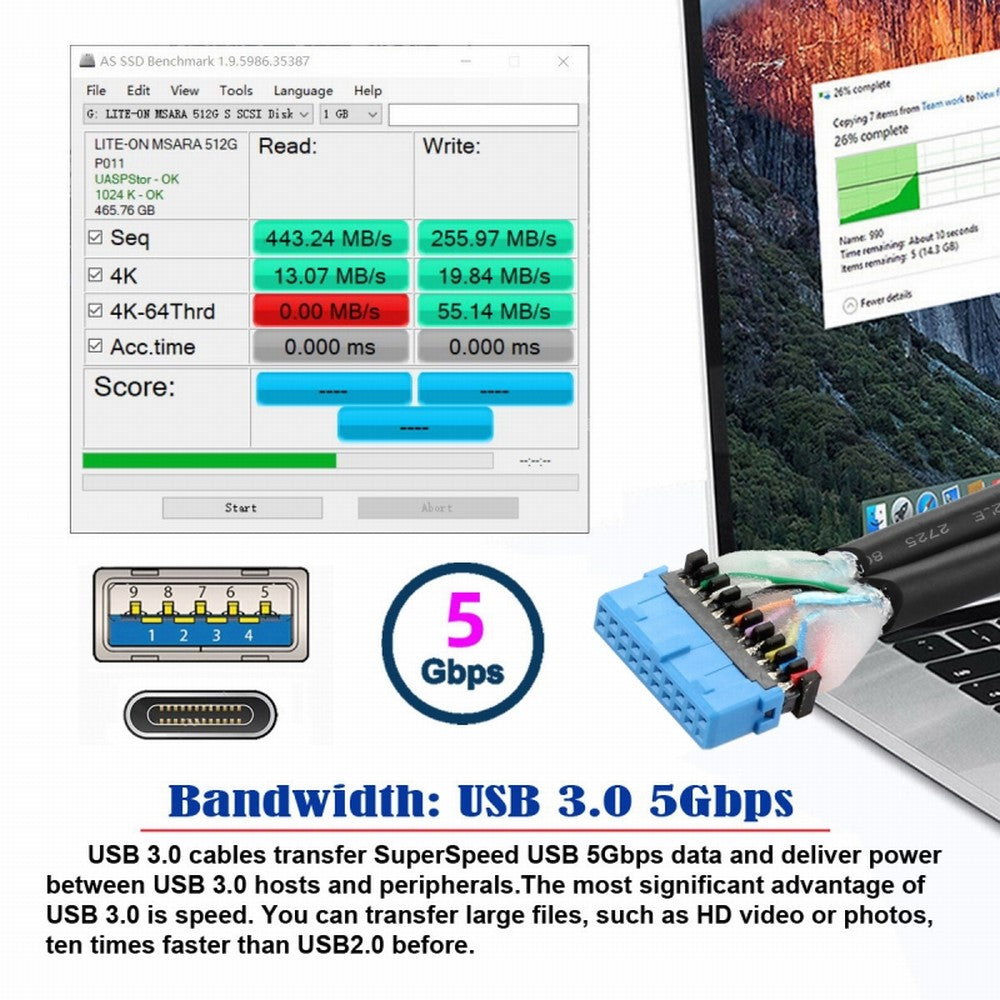 Chenyang USB3.0 Motherboard 19/20Pin to USB-C Type-C & USB 3.0 Dual Ports Female PCI-E Back Panel 5Gbps Cable UC-020-AC