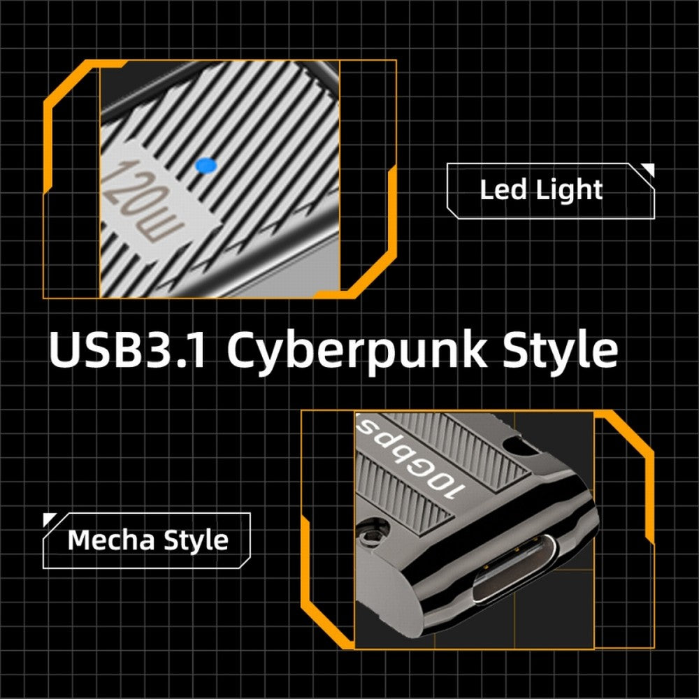 Chenyang USB-C USB 3.1 Type C Female to USB 3.0 Type-A Male 90 Degree Right Angled Flat Type 10Gbps Data 120W Power Adapter Mecha Cyberpunk Style UC-029-TC001