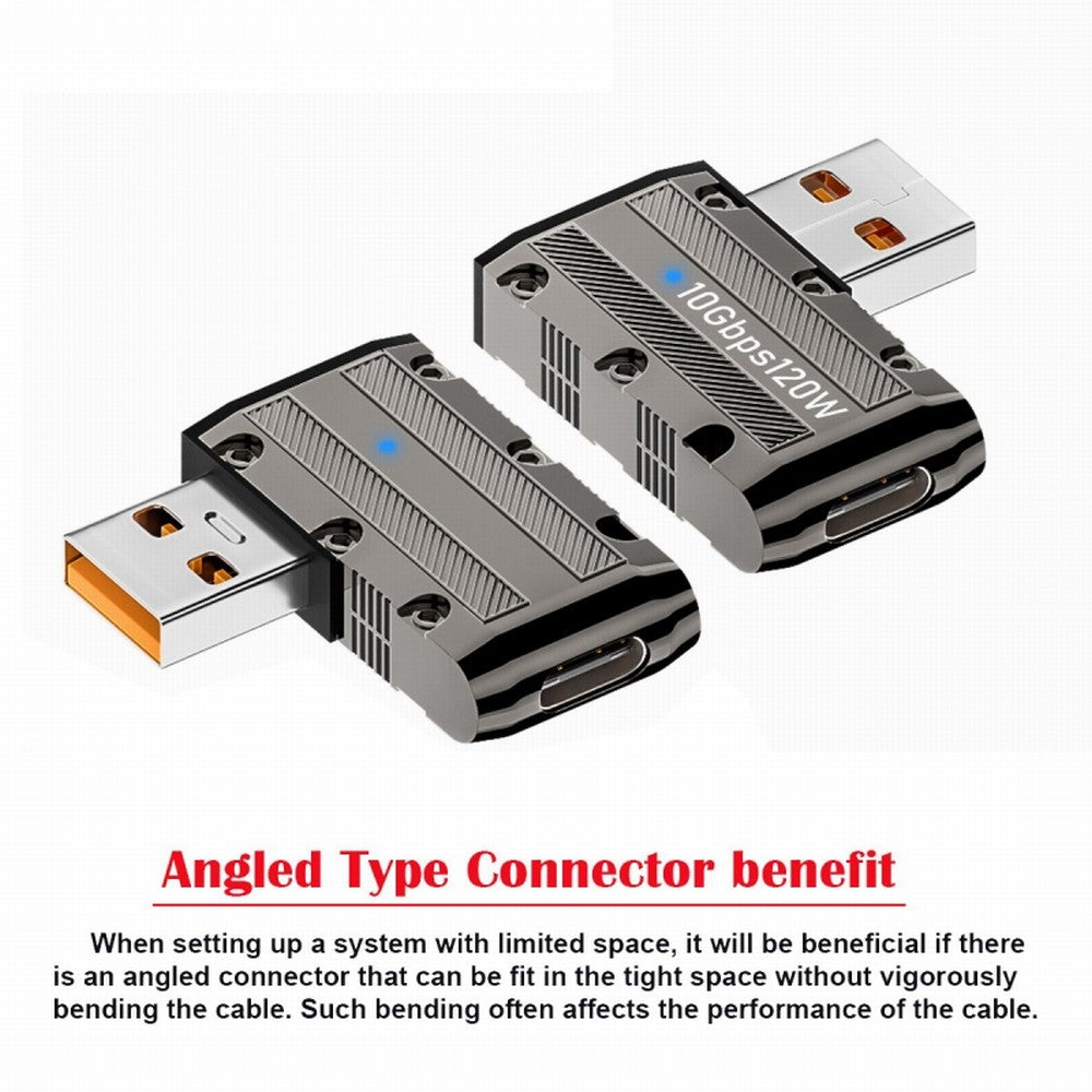 Chenyang USB-C USB 3.1 Type C Female to USB 3.0 Type-A Male 90 Degree Left Angled Flat Type 10Gbps Data 120W Power Adapter Mecha Cyberpunk Style UC-029-TC002