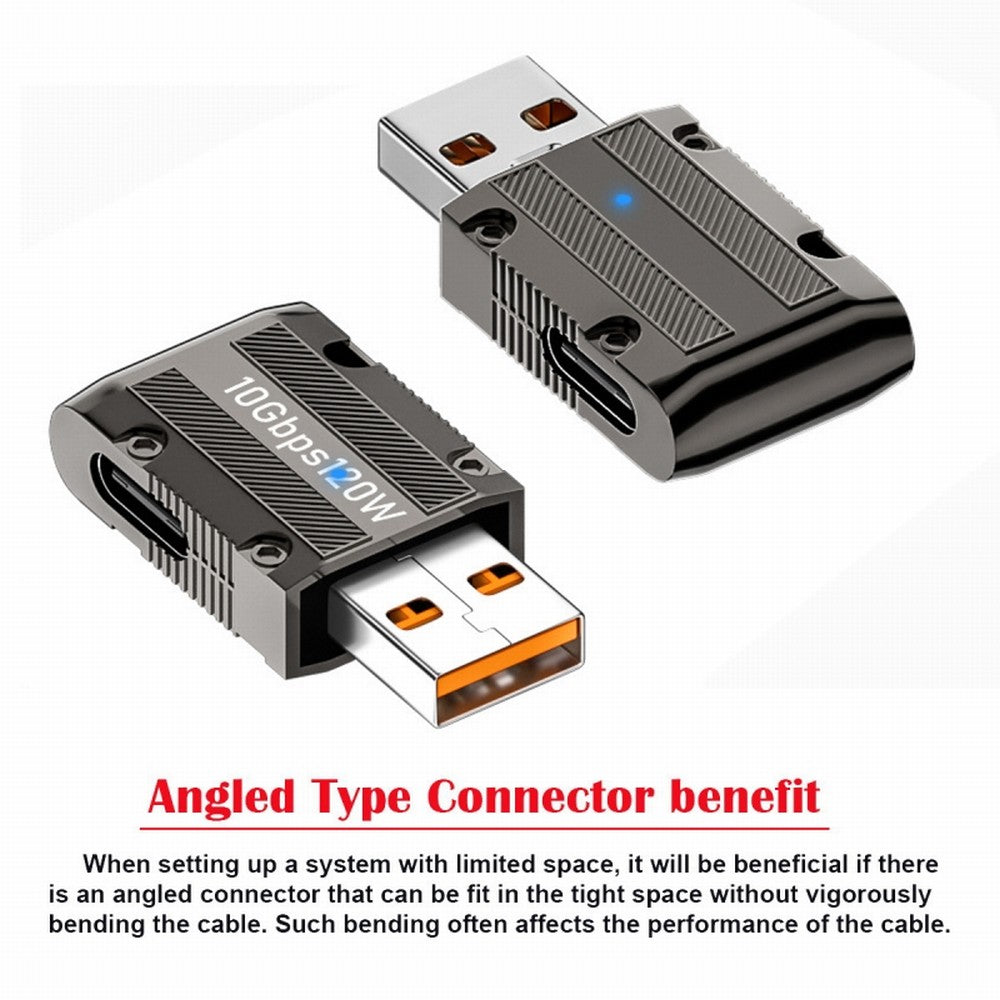 Chenyang USB-C USB 3.1 Type C Female to USB 3.0 Type-A Male 90 Degree Left Angled Slim Type 10Gbps Data 120W Power Adapter Mecha Cyberpunk Style UC-029-TC004